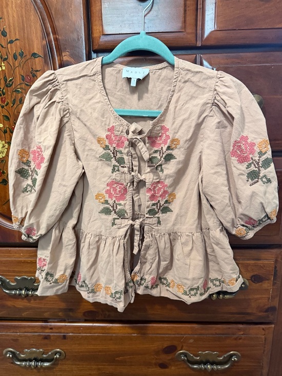 Mable Tops - Mable Beige Embroidered Tie-Front Peplum Blouse